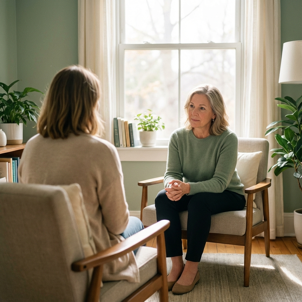 Serene therapy office with a therapist and client